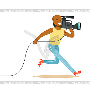 Running television video operator records news - vector image