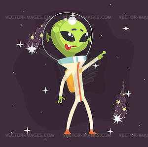 Cheerful alien standing with hand up - vector clipart