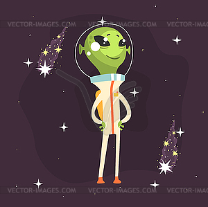 Cute smiling alien posing with arms akimbo - vector EPS clipart