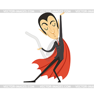 Count Dracula, dancing vampire in suit and red cape - vector image