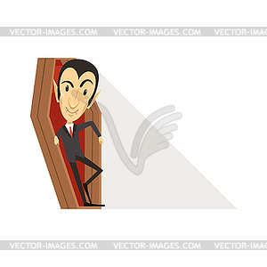 Count Dracula, vampire in black suit in coffin - vector clipart