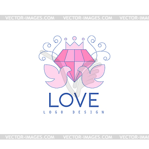 Cute line logo design with love doves and diamond - vector image