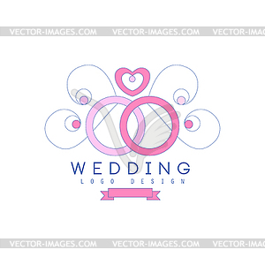 Cute line logo design with wedding rings and - vector image