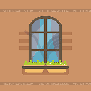 Flat arched window and potted flowers - vector clipart