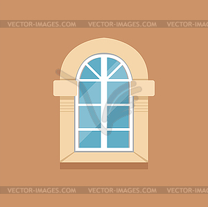 Плоское классическое арочное окно на коричневой стене - клипарт в формате EPS
