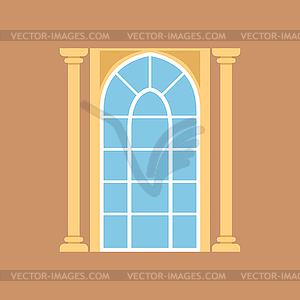 Flat window on brown wall decorated with columns - vector EPS clipart