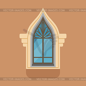 Flat window with unusual gothic form on brown wall - vector image