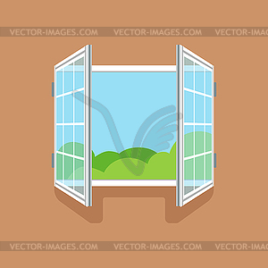 Плоское открытое окно на коричневой стене - векторное графическое изображение