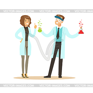 Chemist in protective glasses holding test tubes an - vector image