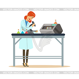 Doctor woman working with microscope and testing - vector EPS clipart