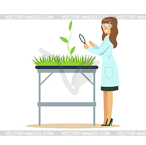Woman biologist looking at green plant through - vector clipart