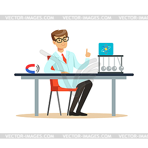 Young physicist sitting behind desk with hand up - vector image