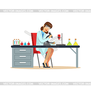 Женщина-химик, работающая с микроскопом и тестированием - изображение в векторе