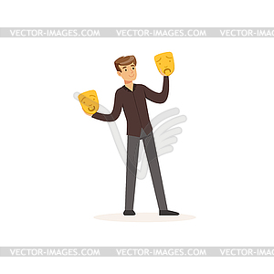 Young actor with theatrical masks - vector image