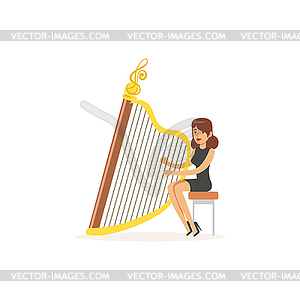 Girl harpist performing musical composition - vector image