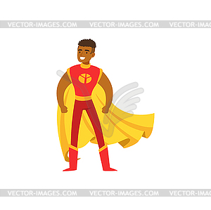 Мужской супергерой в классическом костюме комиксов с плащом - векторизованное изображение клипарта