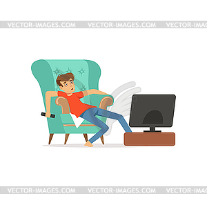 Young man sitting on armchair watching TV, bad - vector image