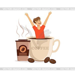 Young man sitting in oversized cup of coffee, - vector image