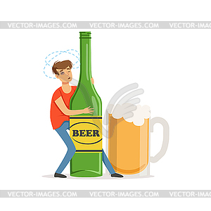 Young man holding oversized bottle of beer, - vector image