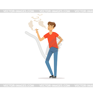 Young man smoking cigarette, nicotine addiction, ba - vector image