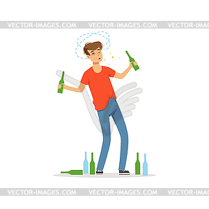 Drunk man standing among empty bottles on floor, - vector clip art