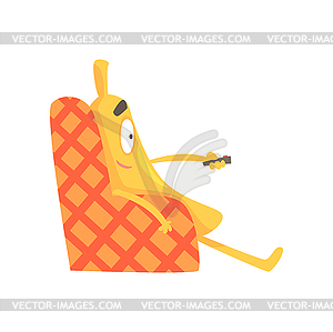 Cute funny banana sitting on armchair and watching - vector image