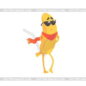 Funny banana in glasses and scarf, cartoon fruit - vector clipart