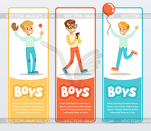 Boys in different situations, boys banners for - vector image