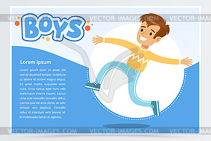 Smiling boy running, boys banner for advertising - vector image