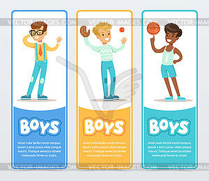 Активные мальчики играют в разные виды спорта, мальчики-баннеры - графика в векторе