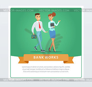 Clients and manager, bank works banner for - vector clipart