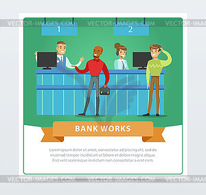 Clients and managers at bank office, bank works - vector clip art