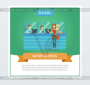 Female client at bank office, bank works banner - vector clipart