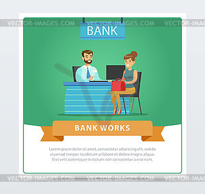 Female client consulting at manager at bank - vector clip art