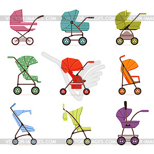 Baby stroller set, different types of kids - vector image