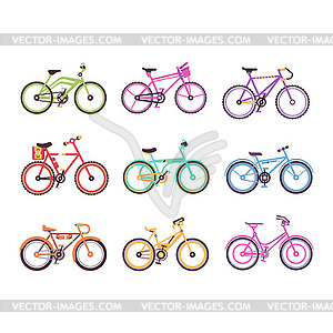 Various types of bikes for male, female and kids - vector EPS clipart