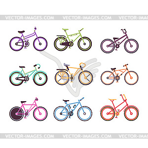 Various types of bikes set, colorful bicycles for - vector clipart