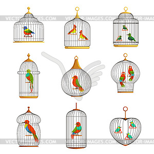 Красочные птицы в клетках установлены - стоковый векторный клипарт