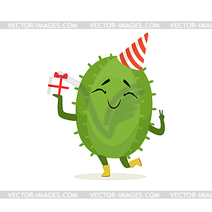 Cute cactus in party hat holding gift box, funny - color vector clipart