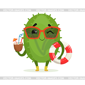 Cute cactus in sunglasses holding lifebuoy and - vector clipart