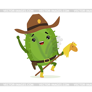 Cute cactus cowboy, funny plant character riding - vector clip art