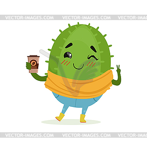 Cute cactus with cup of coffee in its hand, funny - vector image