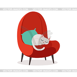 Lovely white cat sleeping on red armchair, home - vector image