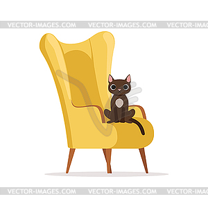 Cute funny cat sitting on retro yellow armchair, - vector image