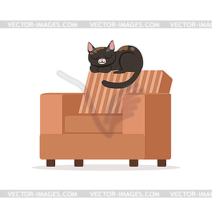 Симпатичная черная красная кошка, спящая на коричневом ретро-кресле - изображение в формате EPS