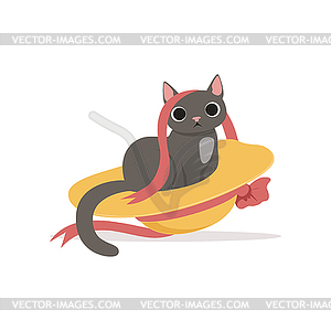 Cute funny gray cat playing with straw hat and - vector image