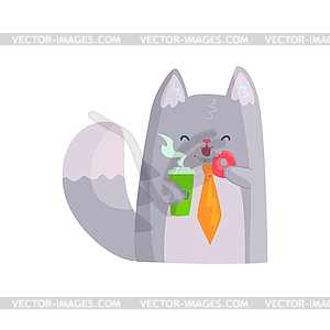 Cute businessman cat holding cup of coffee and - vector clipart