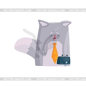 Cute tired businessman cat with briefcase, funny - vector clip art