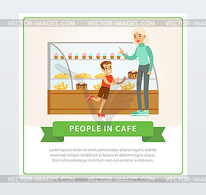 Confectionery shop with visitors, people in cafe - vector image