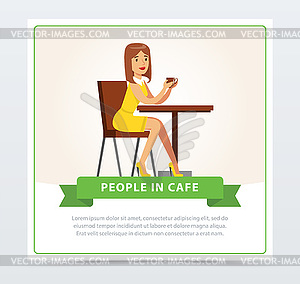 Beautiful woman sitting at table drinking coffee, - vector clip art